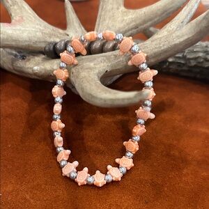 Coral colored and‎ Silver Turtle Bracelet stretch